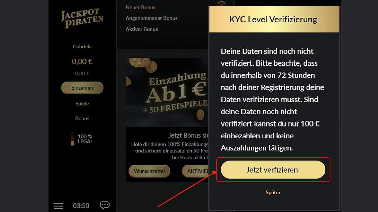 JackpotPiraten Casino 50 Freispiele auf Boof of Ra mit Verifizierung