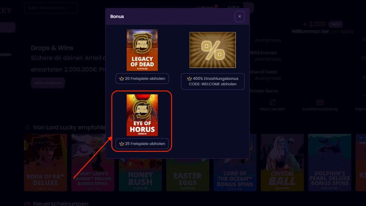 Lord Lucky Freispiele ohne Einzahlung aktivieren